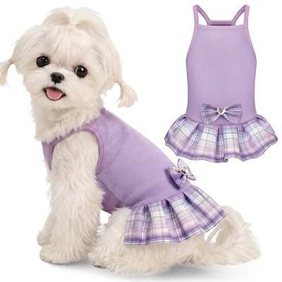 WOYYHO Small Dogs Girl Dress with 3D Bow, Cute Small Dog Plaid Dress | Small Dog Princess Dress, Sleeveless, Breathable Fabric, for Puppy Small Dogs Girl Chihuahua Yorkie Pomeranian, Purple, S