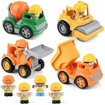 PLAY Recyclable 4Pcs Construction Truck Toys with 4 Figures for Toddler | Dump Truck Vehicle Toy Set, with Bulldozer and Cement Mixer Toy Car, Gift for Kids Boys and Girls Ages 2 3 4 5