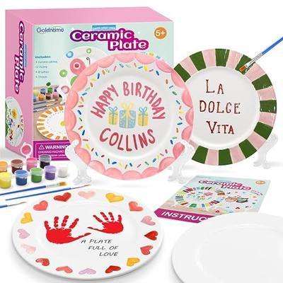 Goldentime Ceramic Painting Kit for Kids & Adults Includes 4 Ceramic Plates, 12 Paints, 4 Brushes & 4 Stands | Paint Your Own Ceramic Birthday Plates| Unpainted Ceramics for Father's Day & Christmas