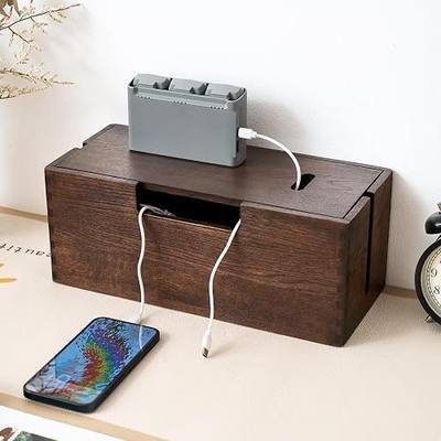 Oak Wood Cable Management Box - Large Cord Hider & Organizer with Magnetic Lid for Desk & Floor Cables in Home Office, Living Room, Bedroom (Walnut)
