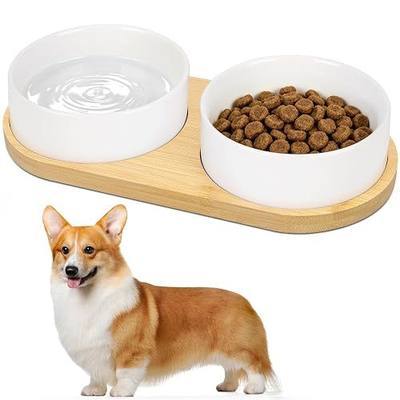 Ceramic Dog Bowl Set with Wooden Stand, 13.5oz Dog Food and Water Bowls for Small Medium Dogs with Non-Slip Base, Dual Food Water Bowl Set for Cats (White)