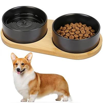 Ceramic Dog Bowl Set with Wooden Stand, 13.5oz Dog Food and Water Bowls for Small Medium Dogs with Non-Slip Base, Dual Food Water Bowl Set for Cats (Black)