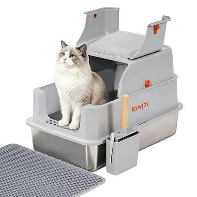 Stainless Steel Litter Box with Lid Cat Metal Litter Box Enclosure Covered Litter Box High Sided Extra Large Litter Boxes for Big Cats with Cat Litter Deodorizer Scoop Mat Grey