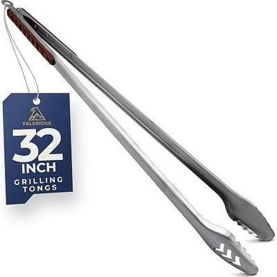 32-Inch Heavy Duty Long Grill Tongs for BBQ & Outdoor Cooking | 1.0mm Thick stainless steel & Pakkawood handles. Extra long tongs for campfire camping cooking essentials & fireplace tools