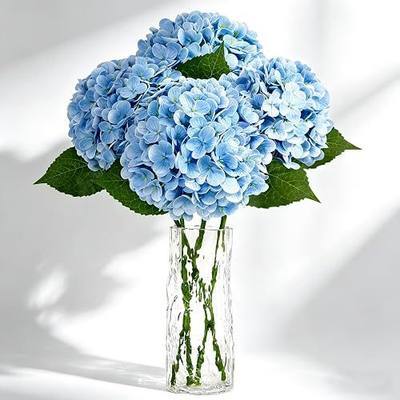 4 PCS Real Touch Hydrangea Artificial Flowers 20.5", Blue Latex Faux Hydrangeas Large Fake Flowers with Stems Leaves for Family Table Wedding Bouquets Party Home Decor (4, Blue, 20.5'')
