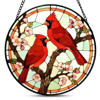 Red Cardinal Stained Glass Suncatcher 6.3" Round Window Decor Gift | Hand-Painted Glass, Copper Foil Craft, Pre-assembled Hardware, Fade Resistant, Indoor Outdoor, Sympathy Remembrance Gift