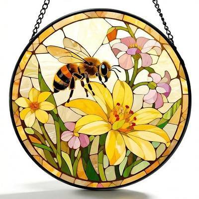 Honey Bee Stained Glass Suncatcher 6.3" Round Window Decor Gift | Hand-Painted Glass, Copper Foil Craft, Pre-assembled Hardware, Fade Resistant, Indoor Outdoor, Gardener & Nature Lover Gift