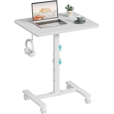 WINAZ Small Portable Rolling Desk Adjustable Height, 24 Inch Mobile Laptop Desk with Wheels for Dorm Room, C-Shaped Table for Sofa and Bed Side, Study Table for Students, White