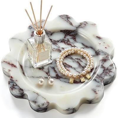 6.3" Scalloped Calacatta Viola Natural Small Marble Tray, Round Jewelry Trinket Dish for Rings, Decorative Candle Tray, Multi-Use Organizer for Bathroom, Kitchen & Dresser Countertops