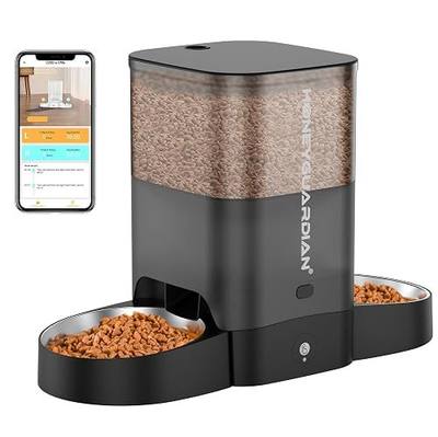 HoneyGuaridan Automatic Cat Feeder for 2 Cats, 2.4/5G WiFi Smart Feed Pet Feeder with Stainless Steel Bowl,APP Control Dispenser, Dual Power Supply,Desiccant Bag,10s Meal Call Black