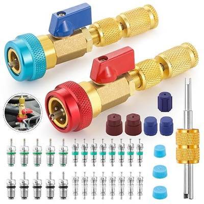 37 PCS R134A Valve Core Quick Remover Installer Tool Kit, R134A R12 High Low Pressure Valve Core Remover Tools, A/C Refrigerant Valve Core Quick Remover with Valve Core and Service Cap
