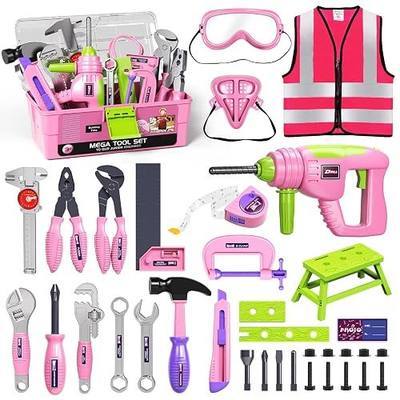 Kids Tool Set for Grils with Electronic Toy Drill & Tool Box | Toddler Tool Set STEM Pretend Play Construction Toys with Costume Vest, Girl Toys for 3 4 5 6 7 Year Old