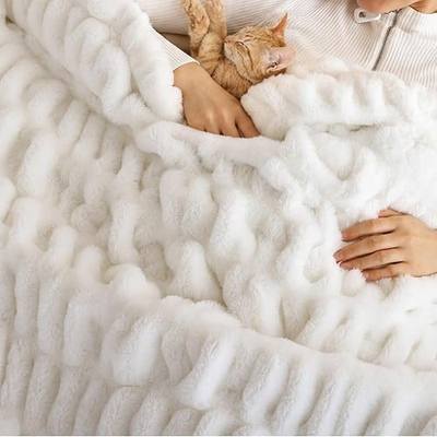 Luxury 1000 GSM Double-Sided Faux Fur Throw Blanket, Cream White, 50''x60'' | Thick Ultra-Plush Faux Rabbit Fur on Both Sides with 4-Way Stretch; Cozy Throw for Couch, Bed, Home Décor and Gifts for Women
