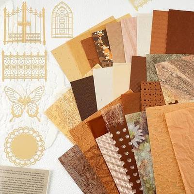 50 Sheets Unique Handmade Textured Scrapbook Paper & Mesh Fabric set - Junk Journal Supplies Craft Paper for Scrapbooking Journaling Supplies for Junk Journal Retro Crafts(Brown)