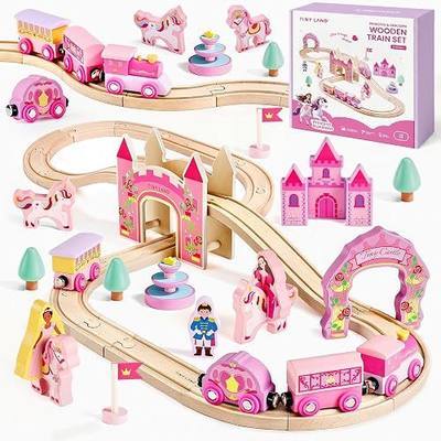 Tiny Land Wooden Train Set for Girls, 38PCS Unicorn Princess Train Set with Castle Bridge & Royal Accessories, Pink Fantasy Train Track Set, Gift for Toddlers Girl Toys Ages 3+