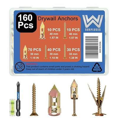 160 Pcs Gold Drywall Anchors with Screws Kit, Zinc Plated Alloy Steel | Includes a Phillips Screwdriver And a Level Gauge, 2 Size Drywall Anchors And 3 Size Screws