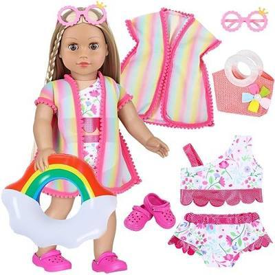 Ecore Fun 18 Inch Doll Swimming Accessories, Fits Most 18" Dolls | Summer Beach Pool Playset, 2-Piece Swimsuit, Doll Smock, Swim Ring, Sunglasses, Tote Bag, Shoes, Gift for Girls 3-8