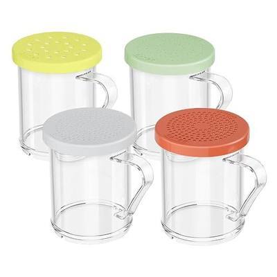 4-Pack Plastic Dredge Shaker Set, 10 oz Clear Flour & Sugar Dispensers with Handles, Commercial Seasoning Shakers for Powder, Spices & Herbs, 4 Bodies & 4 Lids with Different Hole Sizes
