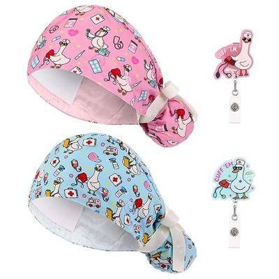 JATEBI 2 Pcs Scrub Cap for Women Nurse Hat with Badge Reel | Adjustable Bouffant Nurse Working Caps with Sweatband, Ponytail Holder Tie Back and Funny Badge Reel for Nurse Doctor Gift