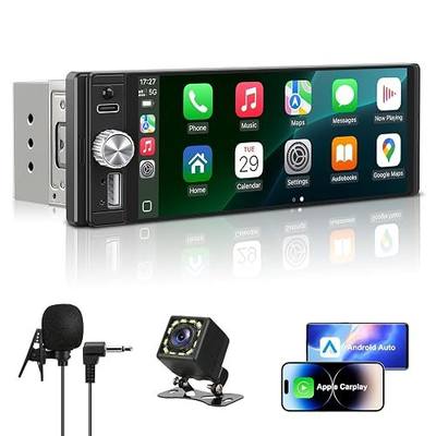 Single Din Radio Car Stereo with Apple CarPlay & Android Auto, 6.28 Inch HD Touch CarPlay Screen, Backup Cam,Bluetooth, MP5,USB Type-C, SWC, EQ, FM Radio (with External Mic)