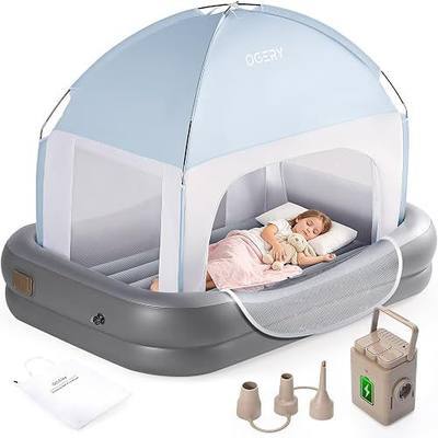 OGERY Inflatable Toddler Travel Bed with Tent, Rechargeable Pump | 4-Sided Safety Bumpers, Breathable Mesh Canopy, Portable Kids Air Mattress for Sleepovers, Home & Camping