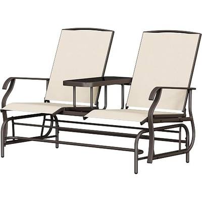 Yaheetech Outdoor Glider Loveseat with Table Patio Bench, Beige | Steel frame, Texteline fabric and tempered glass table provide comfort, easy assembly, and roomy two-person outdoor seating.