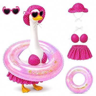 Hawaiian Porch Goose Outfit with Sunglasses & Wreath, Goose Summer Outfit Porch Goose Bikini Clothes Costume Fits 23" Geese Statue, Summer Garden Lawn Patio Yard Outdoor Decor (Summer style-Pink)