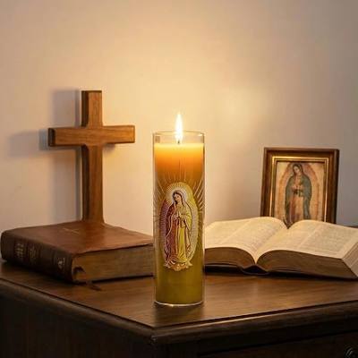 Virgen de Guadalupe Beeswax Pillar Candle, 68Hr Burn, 1 Pack | Guadalupe beeswax pillar, smokeless & dripless. Clean flame for church, prayer & meditation. Christian gift for women