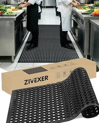【10mm Extra Thick】36"x60" Heavy Duty Non-Slip Outdoor Rubber Door Mat with Drainage Holes, Large Rubber Mats for Bar, Garage, Kitchen, Waterproof Black Shop Matt, Fast Drying Restaurant Floor Mat