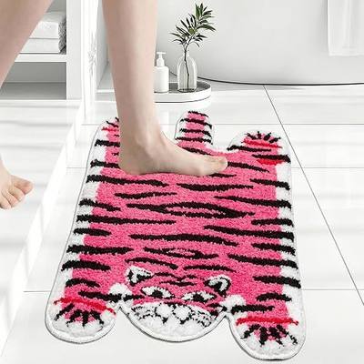 Tiger Bath Mat for Bathroom, Pink Tiger Shaped Rugs Non-Slip Faux Animal Area Rugs Bathtub Absorbent Washable Carpet for Tub, 20x35.5 Inch