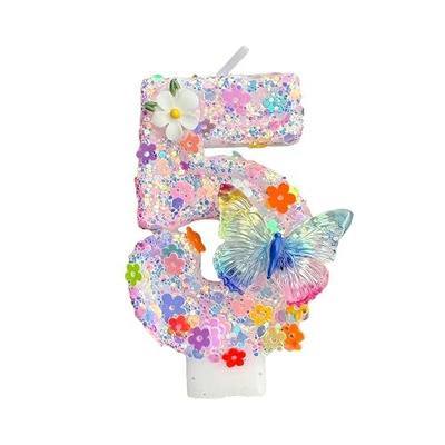 Glitter Number 5 Birthday Candle with Butterfly & Flower - Pink Sparkle Cake Topper for Women Girls - Fairy Fifth Birthday Decorations Princess Party Baby Shower