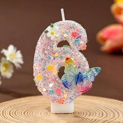 Glitter Number 6 Birthday Candle with Butterfly & Flower - Pink Sparkle Cake Topper for Women Girls - Fairy Sweet Six Birthday Decorations Princess Party Baby Shower