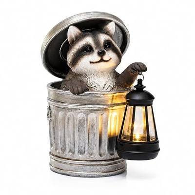 9" Solar Raccoon in Trash Can Garden Statue, Whimsical Outdoor Figurine with Solar Powered Lantern, Resin Racoon Sculpture for Patio, Yard, Lawn Decor & Unique Housewarming Gift (Grey)