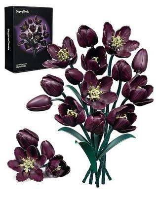 Dark Purple Tulip Flowers Building Set, Gift for Mother's Day, Artificial Plant Bouquet Botanical Collection Building Kit, Home Room Table Decoration Blocks Toys for Adult Women Girlfriend