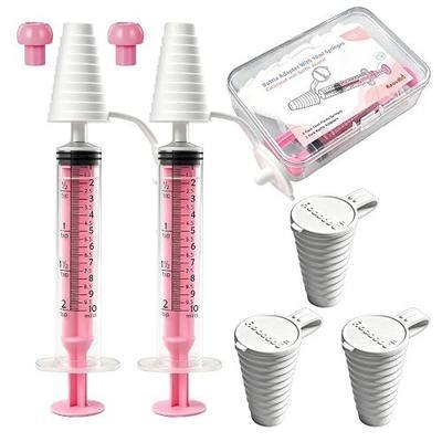 Aoaodbu Oral Medicine Dispenser Syringes 10ml, 2 Count with 5 Universal Medication Bottle Adapters, for Precise Liquid Medicine Drawing and Dosing (Pink)