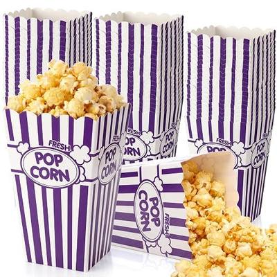 Xinnun 100 Pcs Popcorn Boxes 32oz Classic Stripe Paper Buckets Disposable Oil Proof Popcorn Box Retro Open Top Container for Movie Night Supplies Theaters Carnival Birthday (Purple)