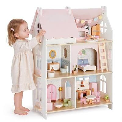 Giant bean Cloud Cottage Wooden Dollhouse for Girls – 3-Story 6 Rooms Modern Scandinavian Doll House with 36PCS Furniture Set, Cute Pink Pretend Play House Toy Gift for Toddlers & Kids Ages 3+