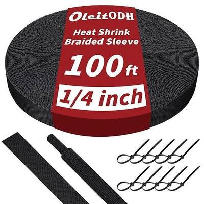Oleitodh 100 ft 1/4 in 2:1 Heat Shrink Braided Sleeving, Black | Abrasion-resistant polyolefin and polyester sleeve for automotive wiring harness protection and cable management.