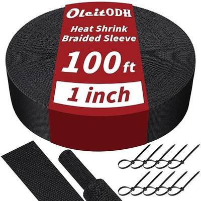 Oleitodh 100 ft 1 in 2:1 Heat Shrink Braided Sleeving, Black | Abrasion-resistant polyolefin and polyester sleeve for automotive wiring harness protection and cable management.