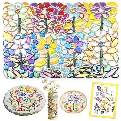 LOTOFUN Mosaic Tiles for Stepping Stones: 610g Ceramic Iridescent | Mosaic Tiles for Crafts Bulk with Petals Centers Leaves Stem Decorative Flower Mosaic Supplies for DIY Garden Decor
