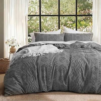 Boho Tufted Duvet Cover Twin Set with 2 Pillowcases, Dark Grey | Lightweight Soft Textured Microfiber Bedding Set for Boho Farmhouse Bedrooms, Breathable & Washable, Hidden Zipper Closure