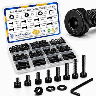 176PCS M6 Screws Assortment Kit, M6x8/10/12/16/20/25/30/35mm Hex Socket Head Cap Bolts Nuts & Washers Set, 12.9 Alloy Steel Black Oxide, M6 Screw Anti-Rust