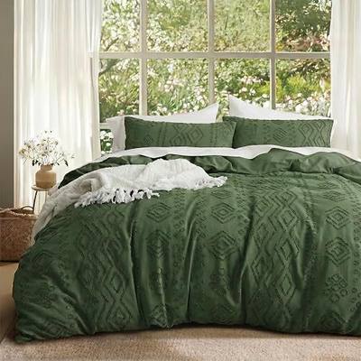 Boho Tufted Duvet Cover Twin Set with 2 Pillowcases, Dark Green | Lightweight Soft Textured Microfiber Bedding Set for Boho Farmhouse Bedrooms, Breathable & Washable, Hidden Zipper Closure