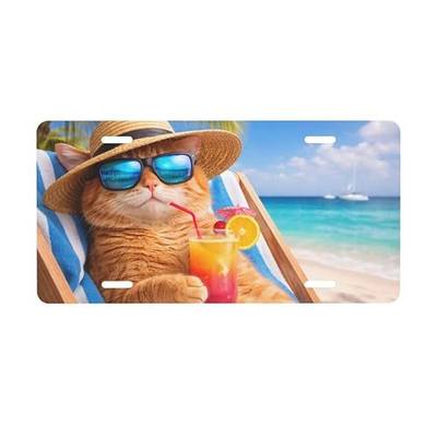 Cute Funny Cat Glasses Beach Blue License Plate - 6x12 Inch Aluminum Novelty Decorative Vanity Metal Front Car Plate for Women Men