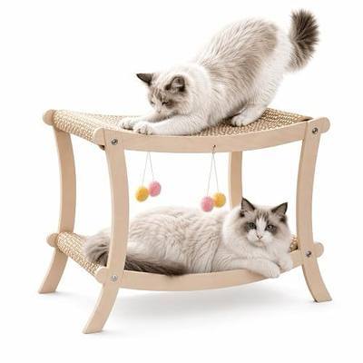 Indoor Cat Scratcher Bed, Double Layer Cat Hammock with Toy Ball, Wooden Sisal Cat Scratching Pad for Cats, Elevated Cat Lounge for Claw Grinding & Sleeping