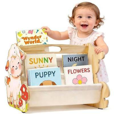 Small Baby Toddler Kids Bookshelf Solid Pine For Kids Room, Portable Mini Wooden Montessori Bookshelf, 4 Tier Double-Sided Kids Book Rack For Nursery Playroom Bedroom Classroom Easy Assemble