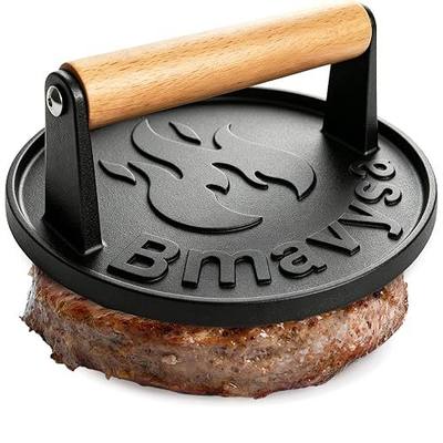 Heavy Duty Cast Iron Smash Burger Grill Press with Wooden Handle | Non-stick & Rust Resistant, Ideal Burger Smasher for Hamburgers, Bacon, Steak, Sandwiches and Beef on Grill & Griddle