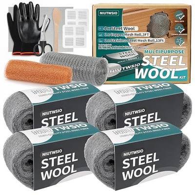 Steel Wool Gap Filler Kit – 0000# Fine Steel Wool for Household Sealing | 4 Rolls Fine Steel Wool, 5inx13ft Wire Mesh, 6x8.2in Stainless Steel Mesh, Hole Sealing Set for Home Garden Pipeline Repair