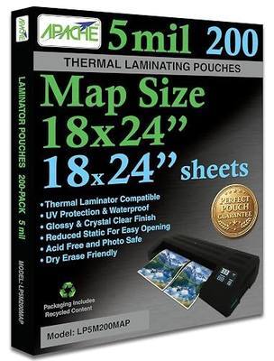 Apache Map Size Laminating Pouches, 5 Mil, 200 Pack, 18 x 24 Inch Pouch Size Laminating Sheets, Thermal Laminator Compatible, Super Clear, Round Corners