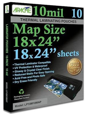 Apache Map Size Laminating Pouches, 10 Mil, 10 Pack, 18 x 24 Inch Pouch Size Laminating Sheets, Thermal Laminator Compatible, Super Clear, Round Corners